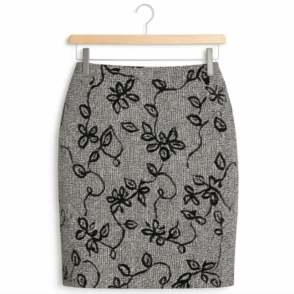 Talbots Gray And Black Embroidered Wool Blend Midi Skirt Size 10